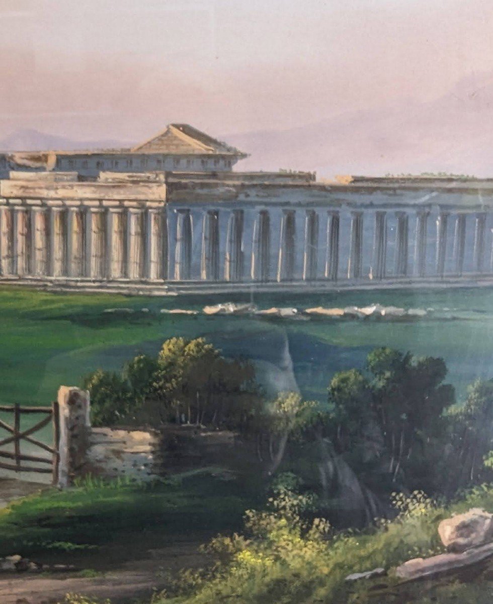 Large Neapolitan Gouache Temple Of Pesto 19th Century-photo-5