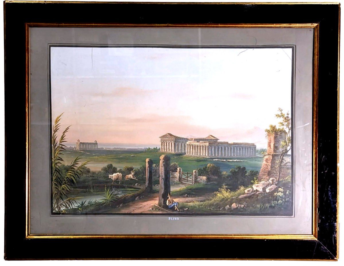 Large Neapolitan Gouache Temple Of Pesto 19th Century