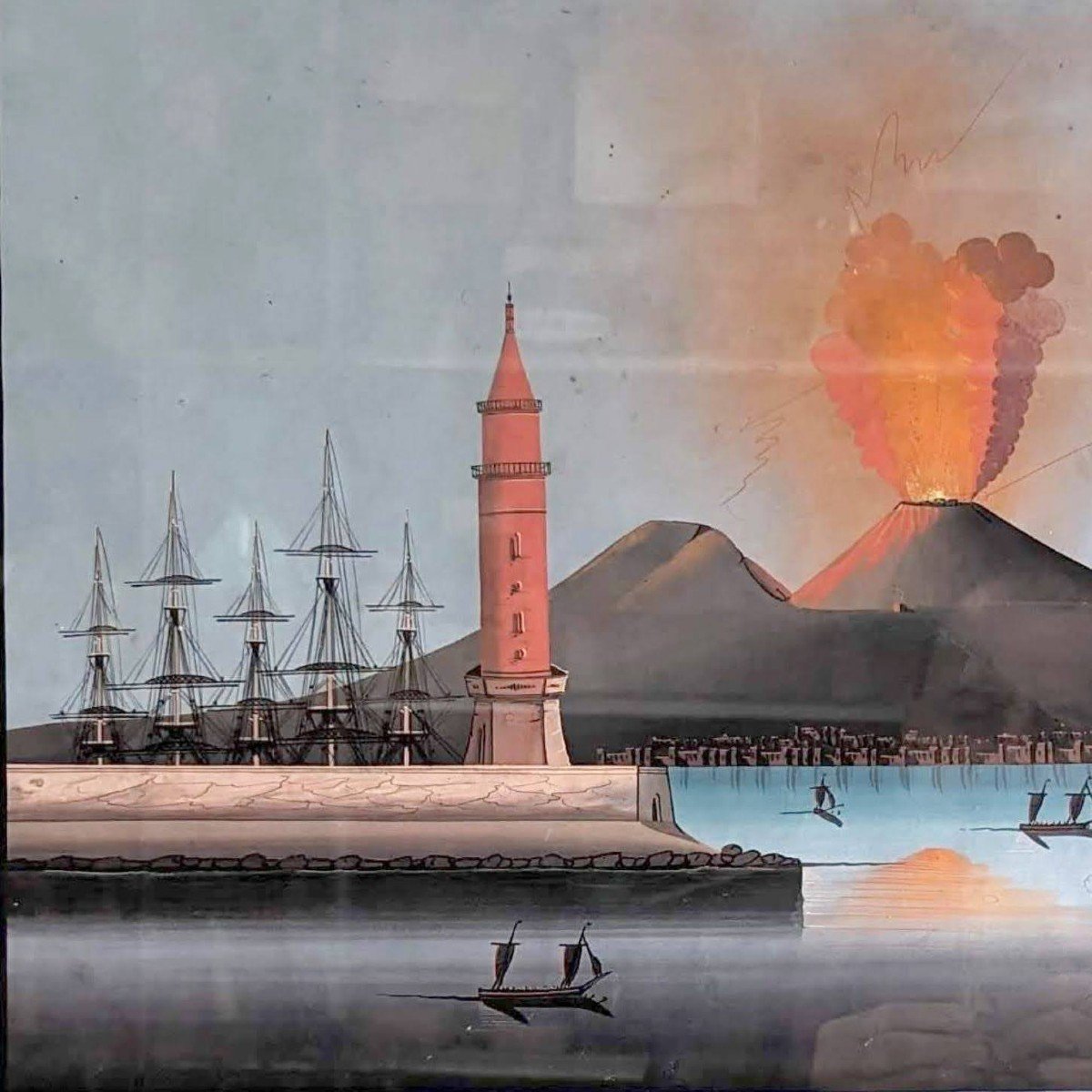 Neapolitan Gouache Eruption Of October 9, 1861 Of Vesuvius, 19th Century-photo-2