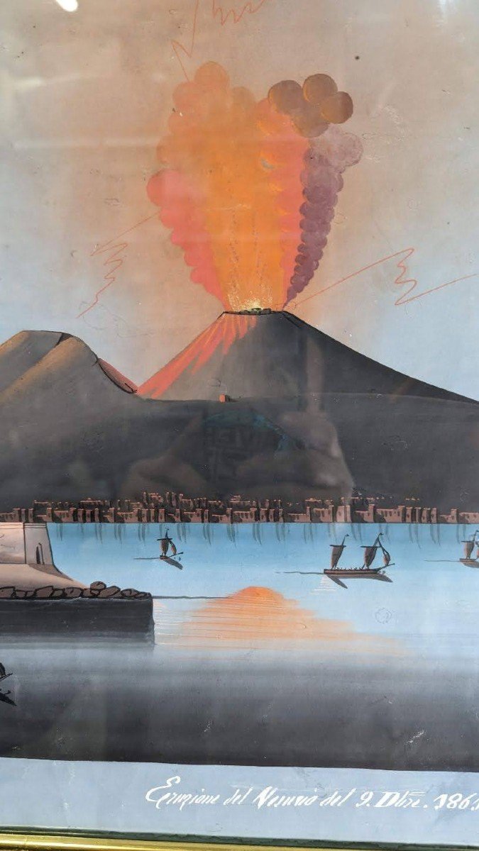 Neapolitan Gouache Eruption Of October 9, 1861 Of Vesuvius, 19th Century-photo-4