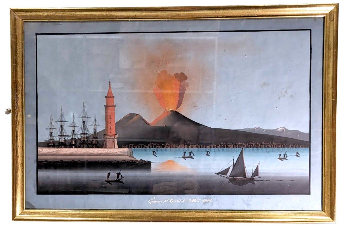 Neapolitan Gouache Eruption Of October 9, 1861 Of Vesuvius, 19th Century