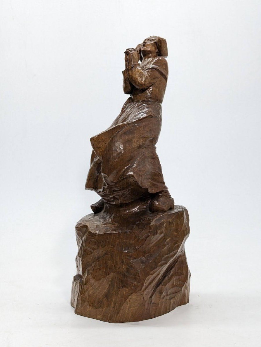 Breton Wooden Sculpture In Prayer Signed Galle -photo-1