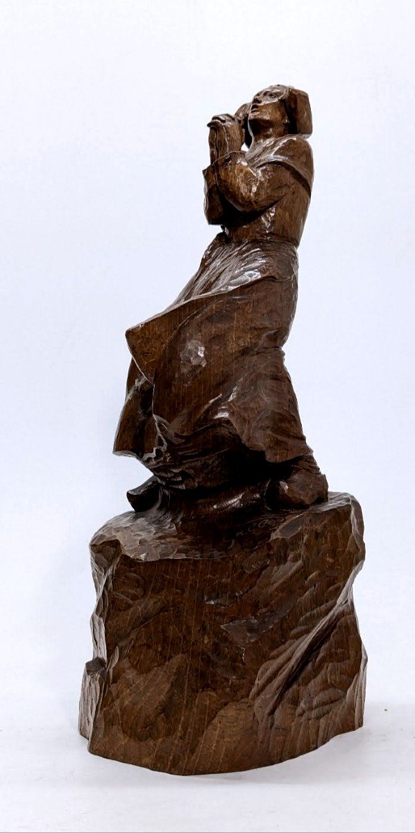 Breton Wooden Sculpture In Prayer Signed Galle 