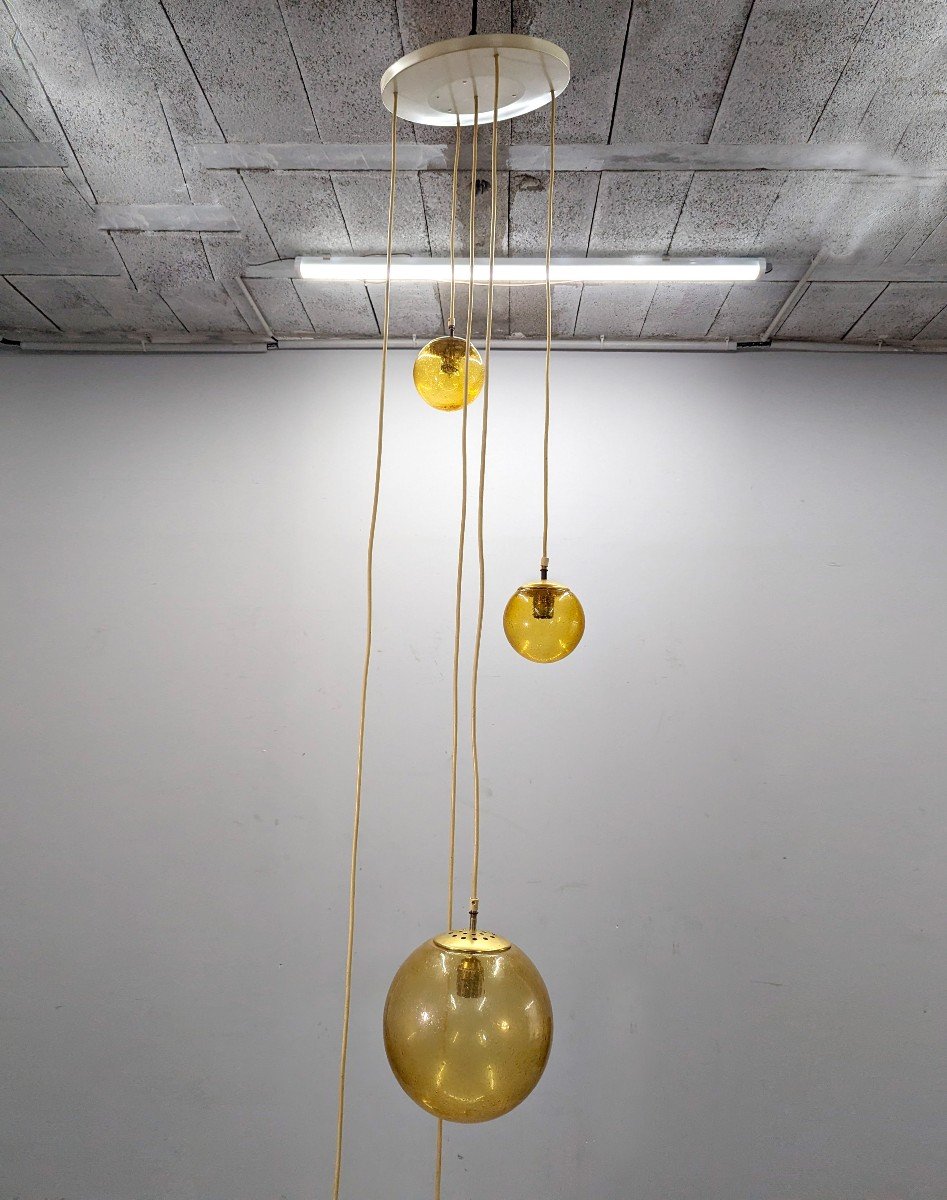 Lustre Composé De 5 Boules Suspendues En Verre Coloré Bullé Orange De Dimension Hauteur 290 Cm -photo-4