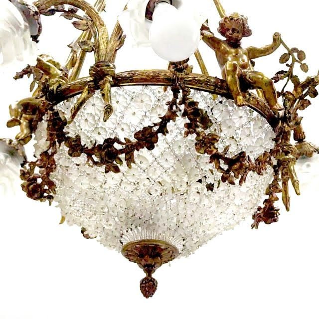 Lustre Corbeille Aux Bébés Bronze Doré Napoléon III  -photo-4