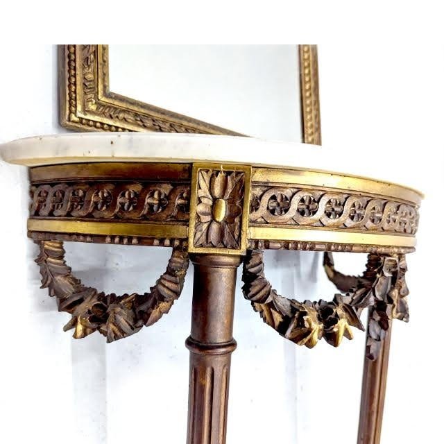 Console En Bois Doré De Style Louis XVI Avec Miroir 1900  -photo-4