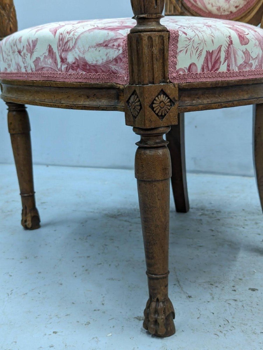 Series Of 4 Directoire Period Walnut Armchairs Covered In Toile De Jouy -photo-2