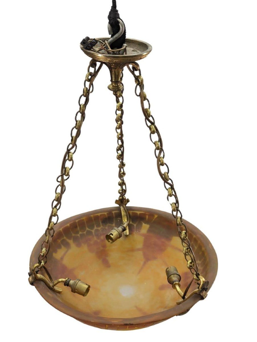 Lustre Plafonnier En En Pâte De Verre Le Verre Français Couleur Orange Et Jaune  -photo-3