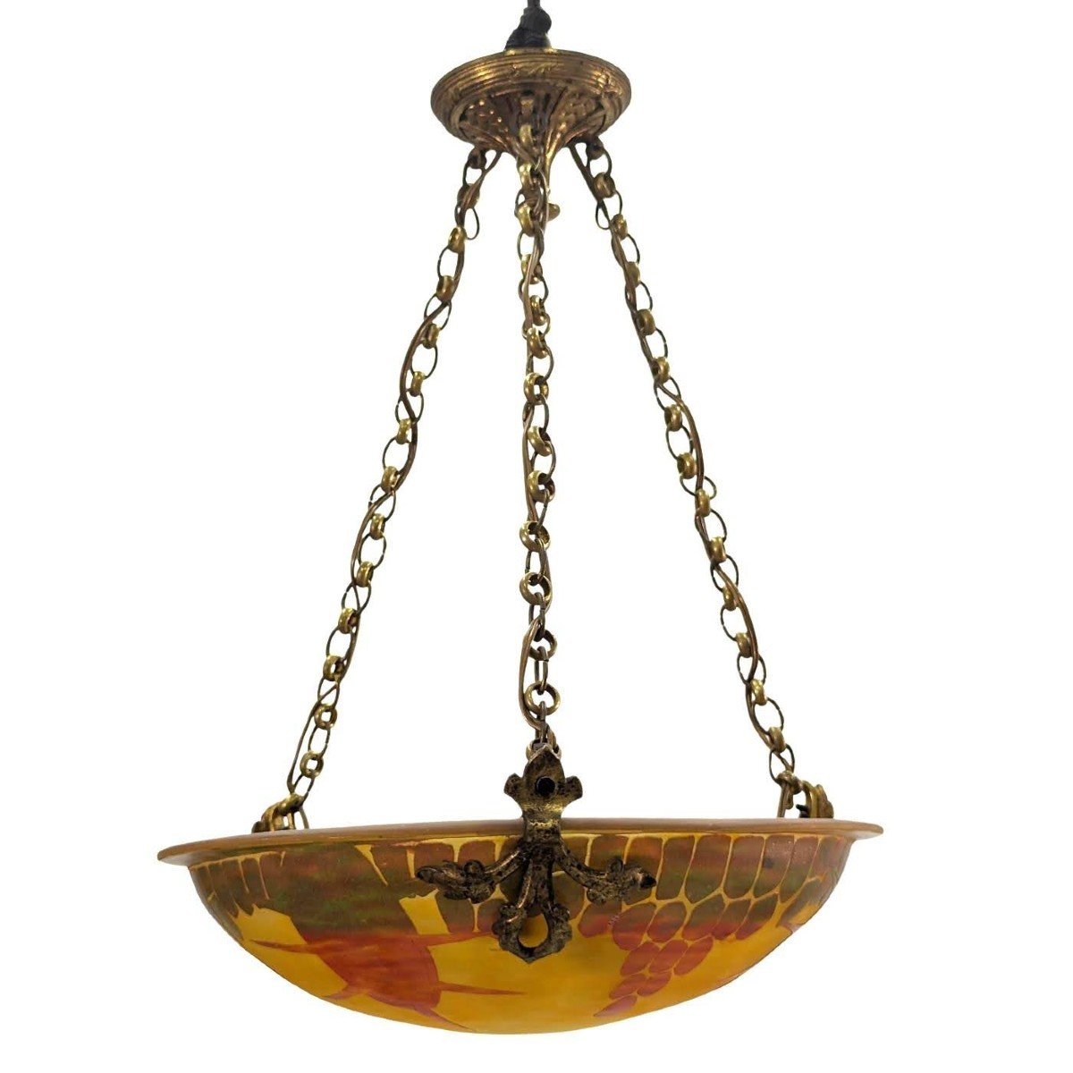 Lustre Plafonnier En En Pâte De Verre Le Verre Français Couleur Orange Et Jaune  -photo-2