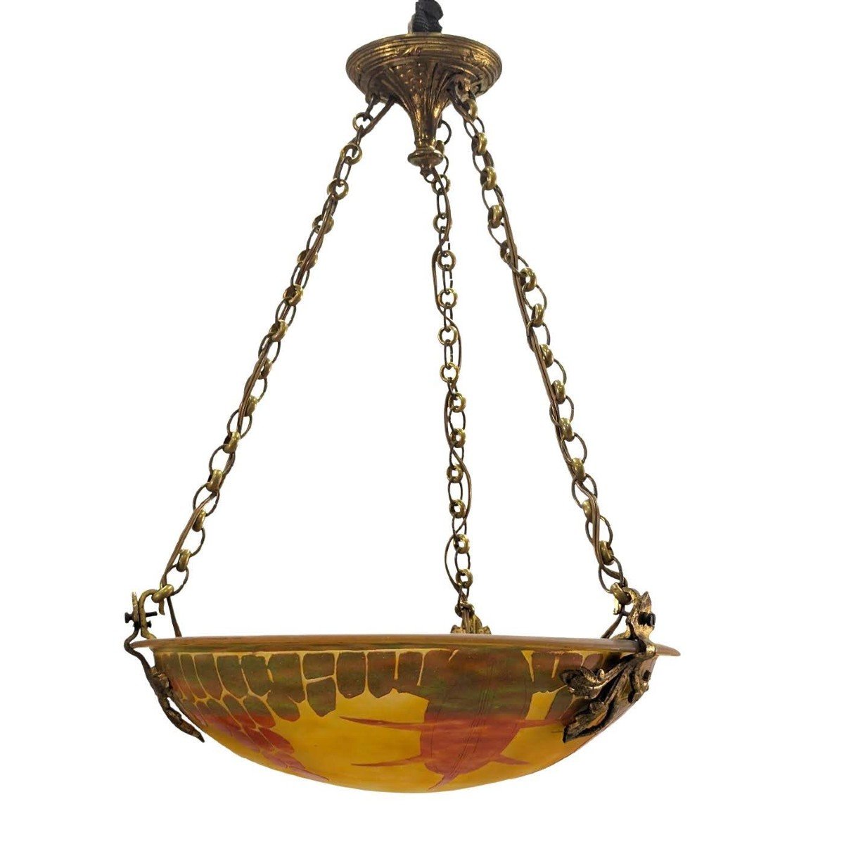 Lustre Plafonnier En En Pâte De Verre Le Verre Français Couleur Orange Et Jaune  -photo-3