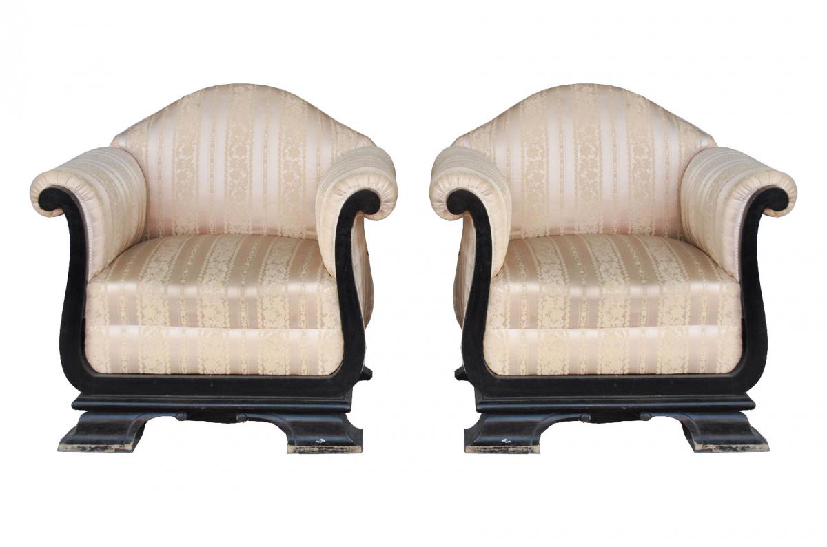 Paire De Fauteuil Art Deco Bois Noirci Et Soierie