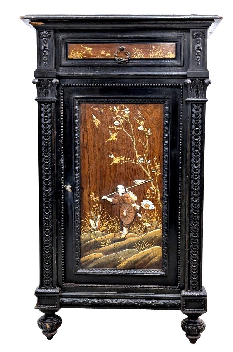 Napoleon III Bedside Table With Lacquer Panel Decoration And Japanese Inlays, Meiji Period. 
