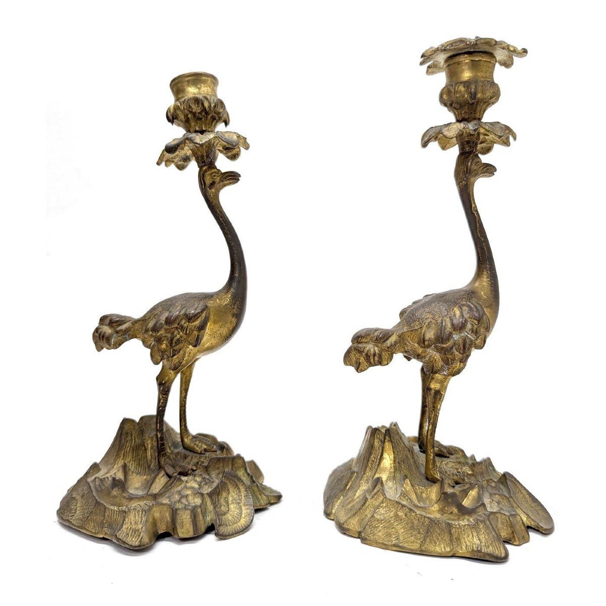 Paire De Bougeoirs En Bronze Doré Aux Autruches  XIXème  -photo-4
