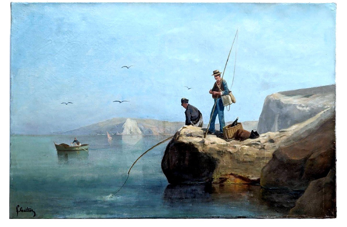 Marine "les Pécheurs En Bord De Mer " De François Gautier, Peintre Marseillais (1842-1917) 