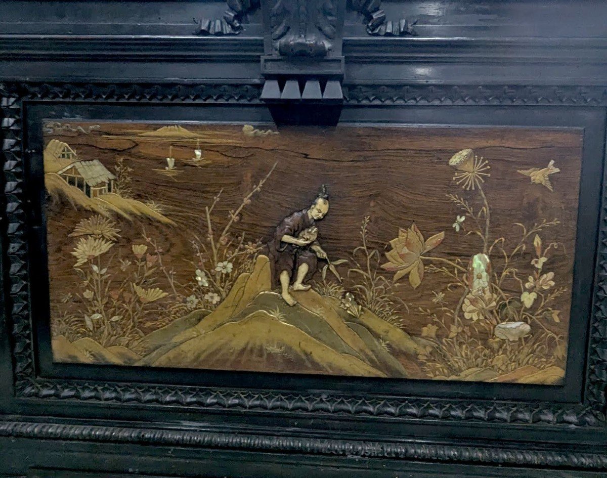 Napoleon III Bed With Lacquer Panel Decor And Japanese Inlays, Meiji Period-photo-2