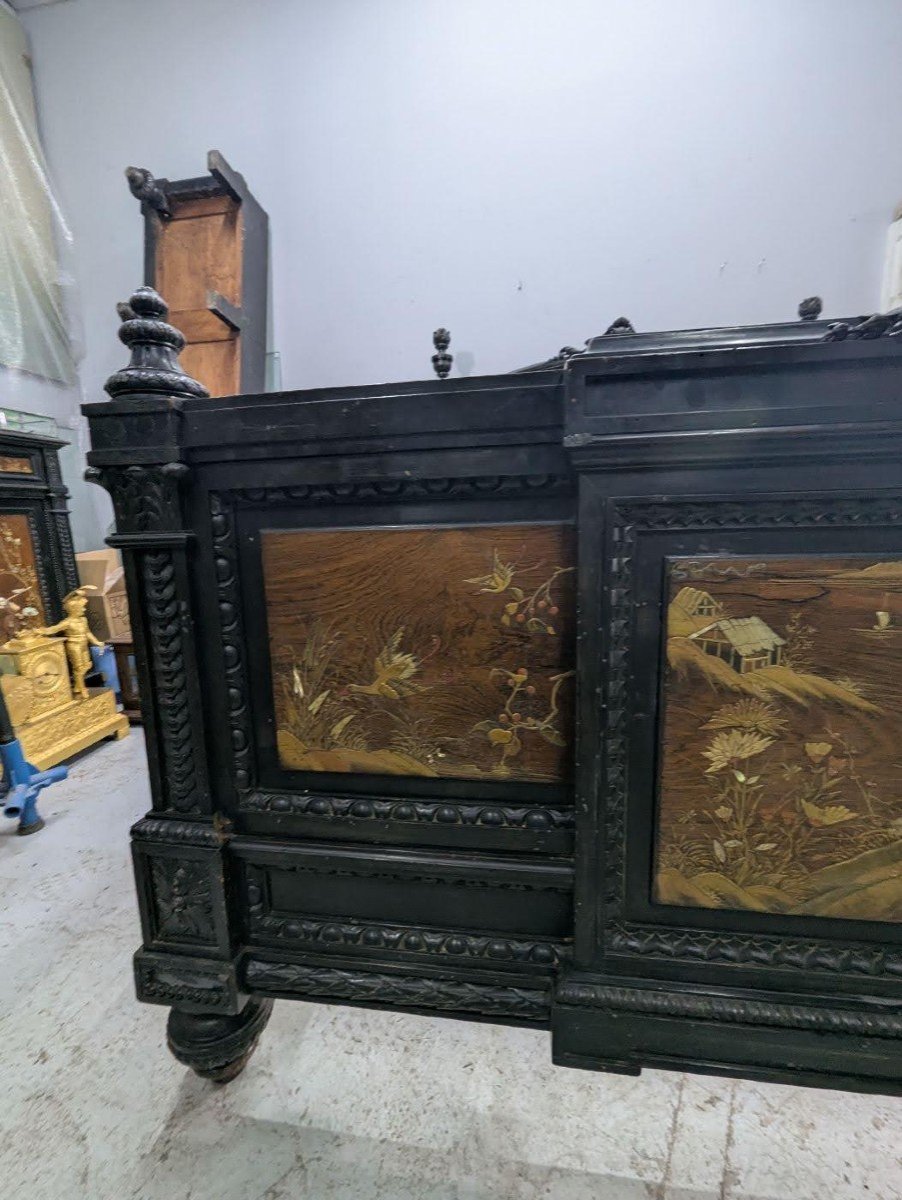 Napoleon III Bed With Lacquer Panel Decor And Japanese Inlays, Meiji Period-photo-5