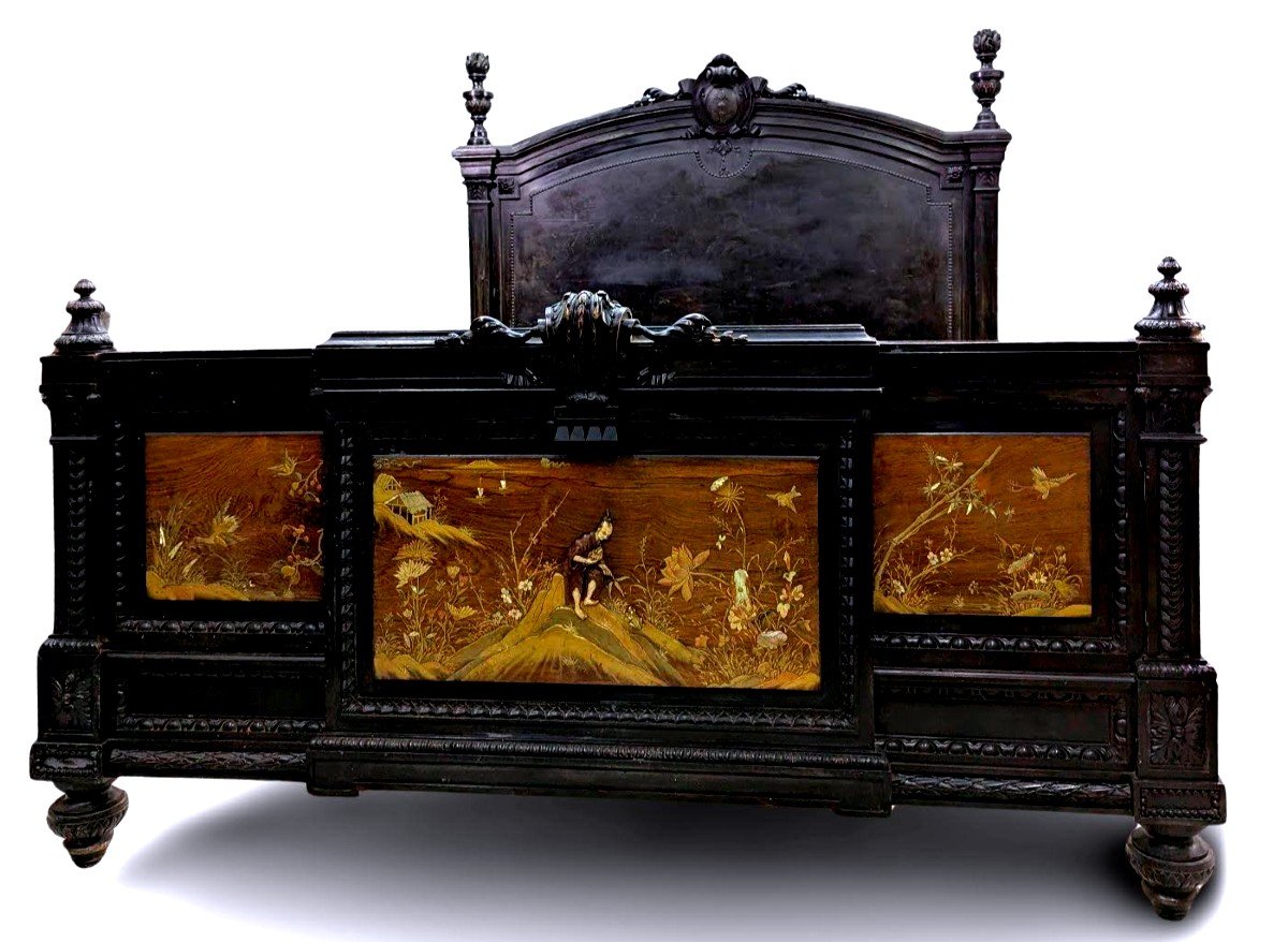 Napoleon III Bed With Lacquer Panel Decor And Japanese Inlays, Meiji Period