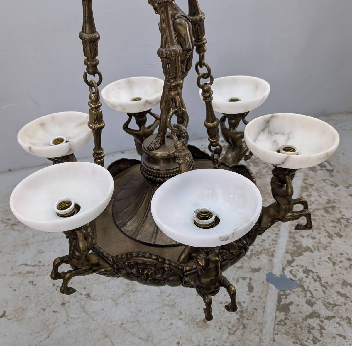 Monumental Chandelier In Patinated Bronze And Alabaster – Mythological Decor -photo-3