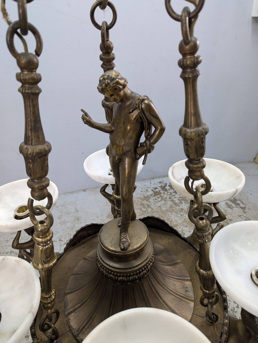 Monumental Chandelier In Patinated Bronze And Alabaster – Mythological Decor -photo-4