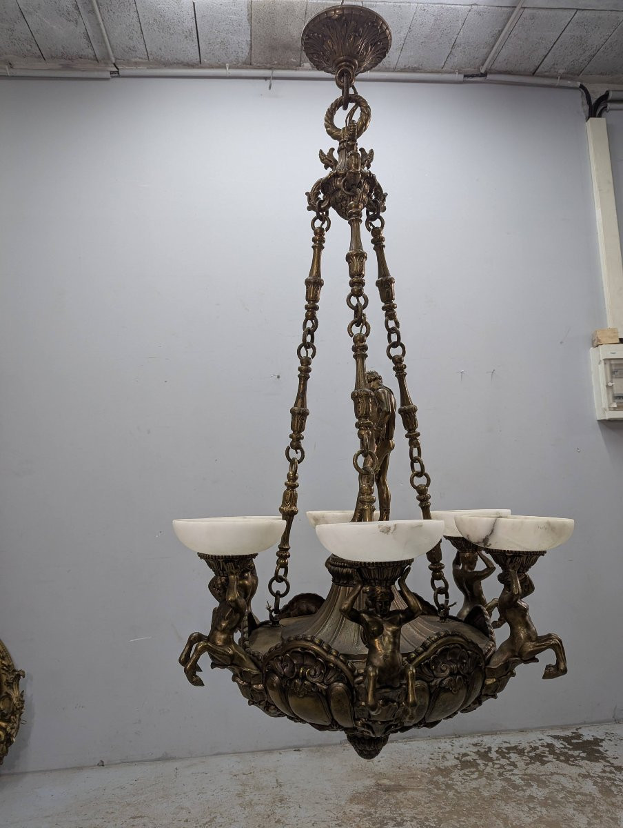 Monumental Chandelier In Patinated Bronze And Alabaster – Mythological Decor -photo-1