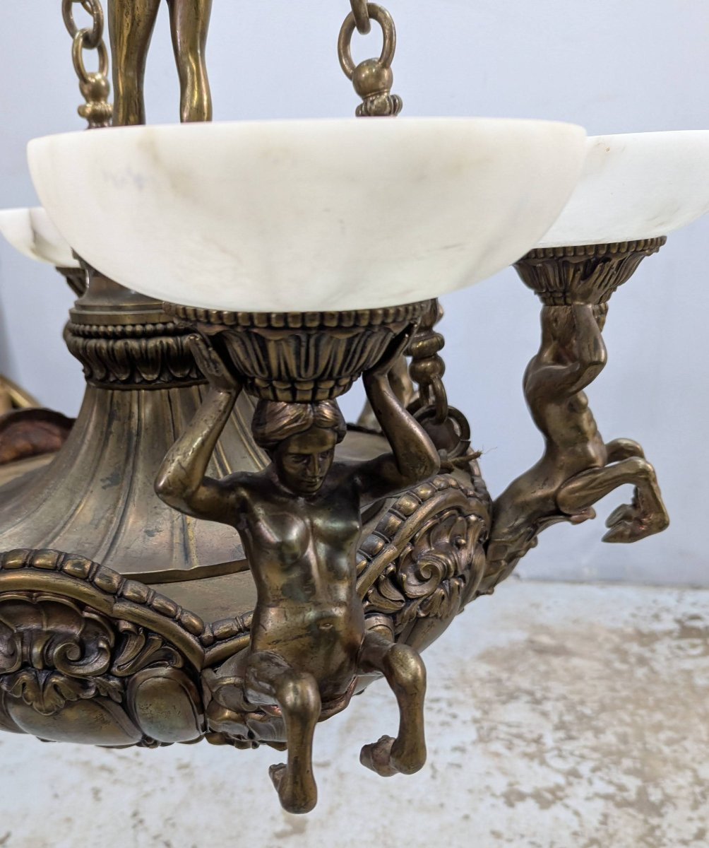 Monumental Chandelier In Patinated Bronze And Alabaster – Mythological Decor -photo-3