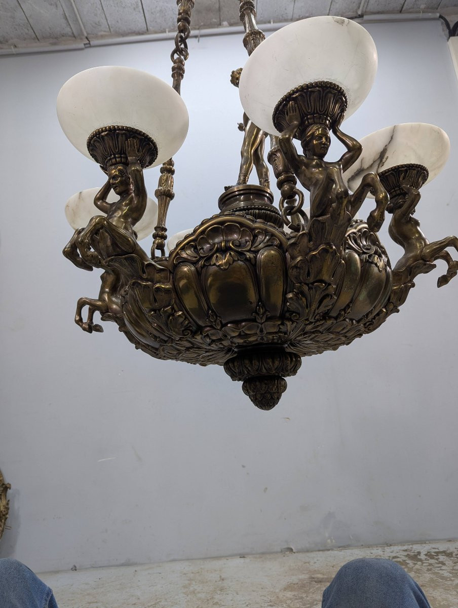 Monumental Chandelier In Patinated Bronze And Alabaster – Mythological Decor -photo-6