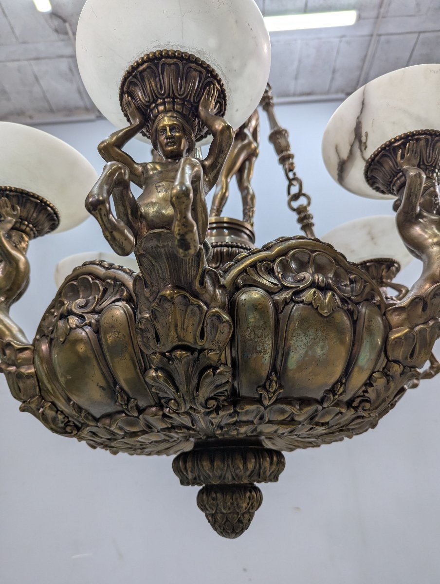 Monumental Chandelier In Patinated Bronze And Alabaster – Mythological Decor -photo-7