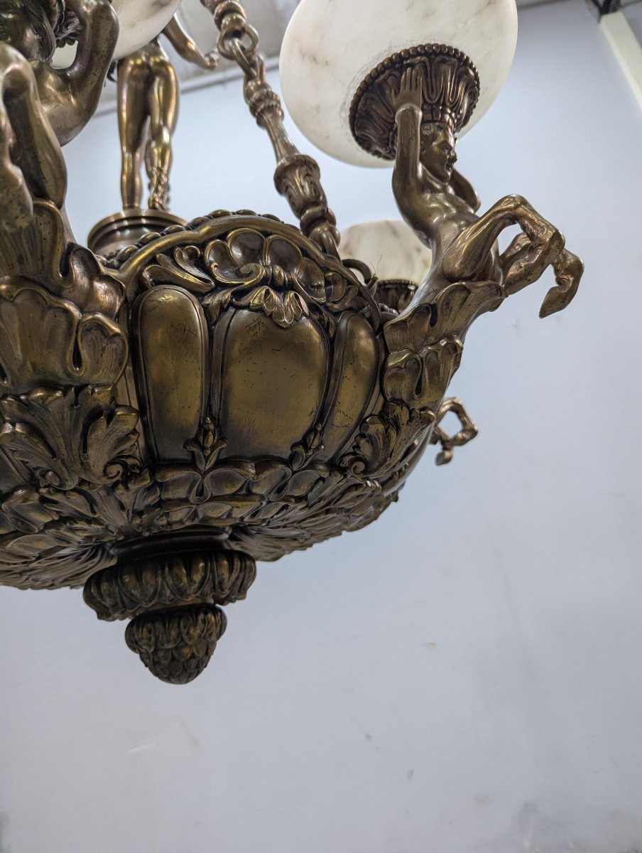 Monumental Chandelier In Patinated Bronze And Alabaster – Mythological Decor -photo-8