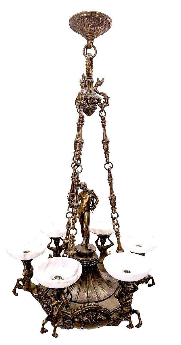 Monumental Chandelier In Patinated Bronze And Alabaster – Mythological Decor 