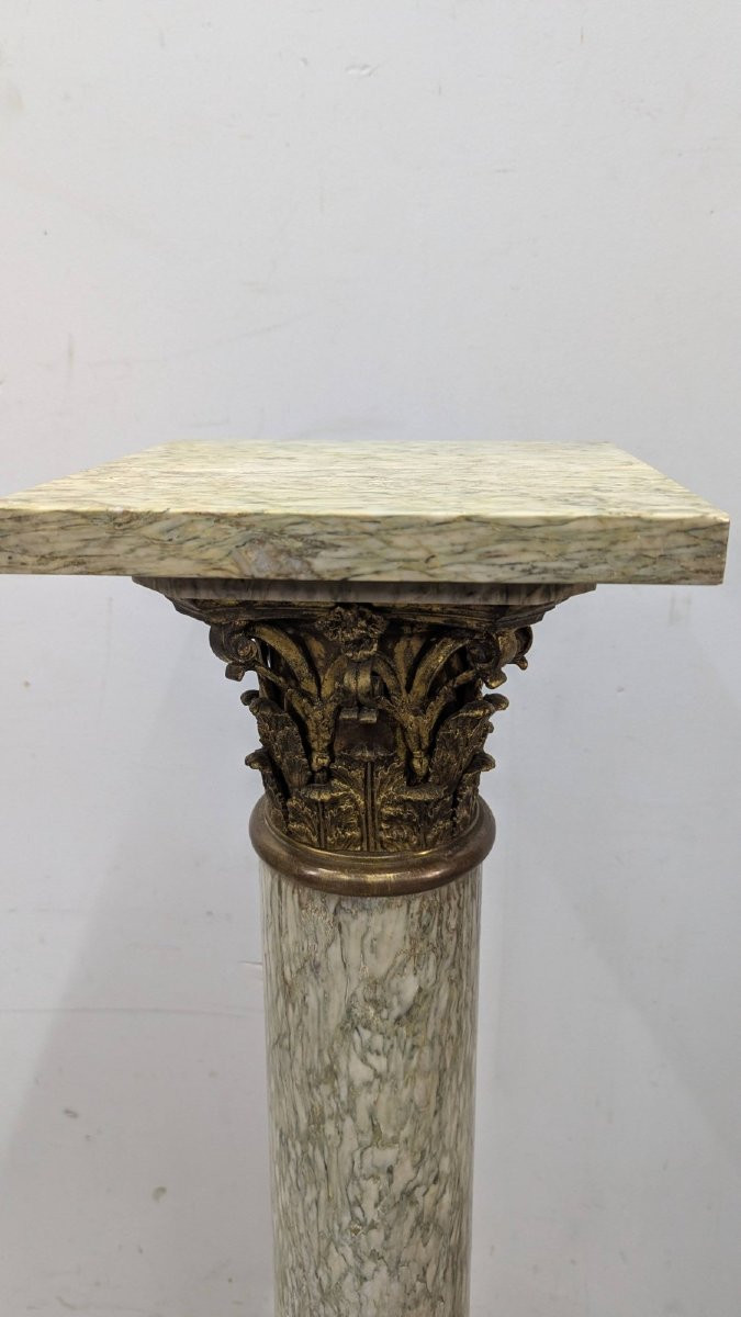 Neoclassical Column In Green Marble And Bronze, Circa 1900-photo-3