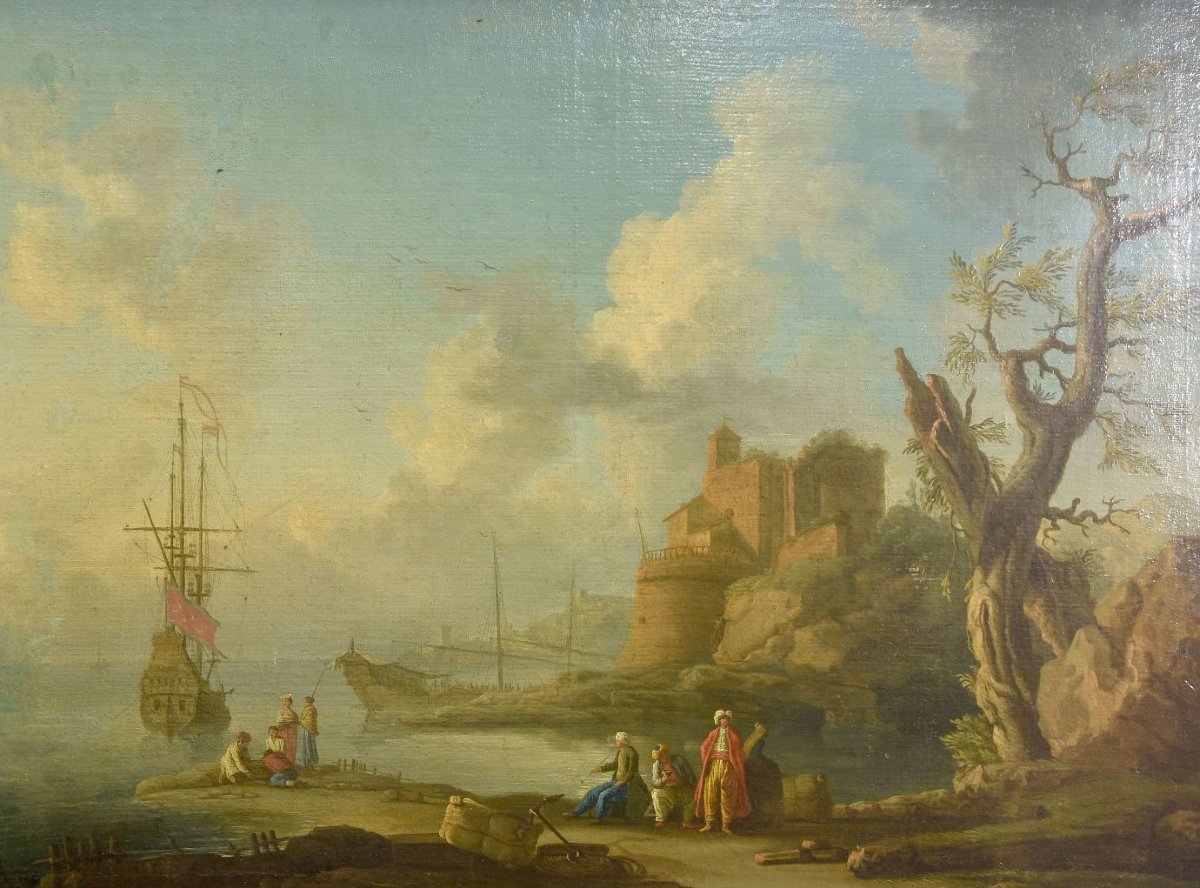 Huile sur toile XVIIIème Vue de port avec personnages turcs-photo-2