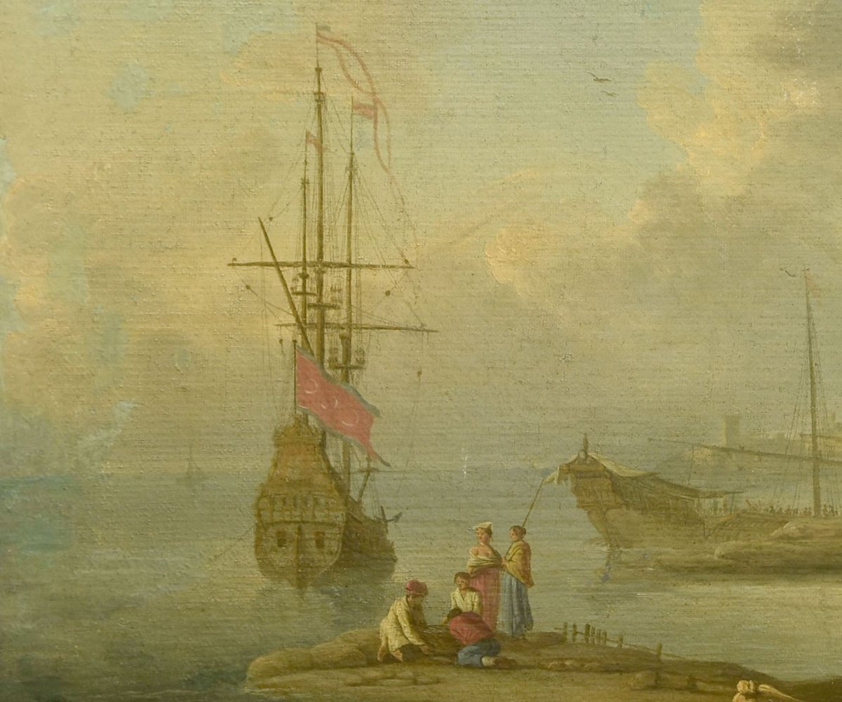 Huile sur toile XVIIIème Vue de port avec personnages turcs-photo-3