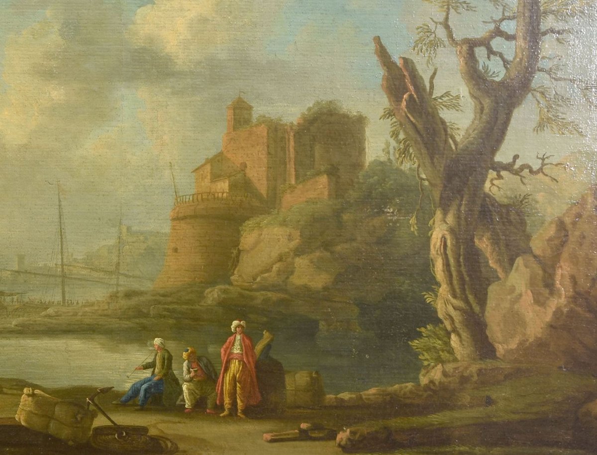 Huile sur toile XVIIIème Vue de port avec personnages turcs-photo-1