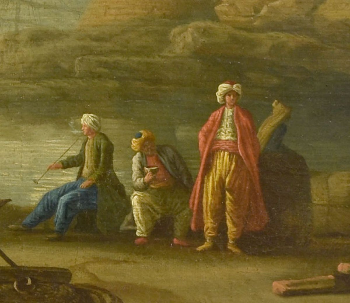 Huile sur toile XVIIIème Vue de port avec personnages turcs-photo-3