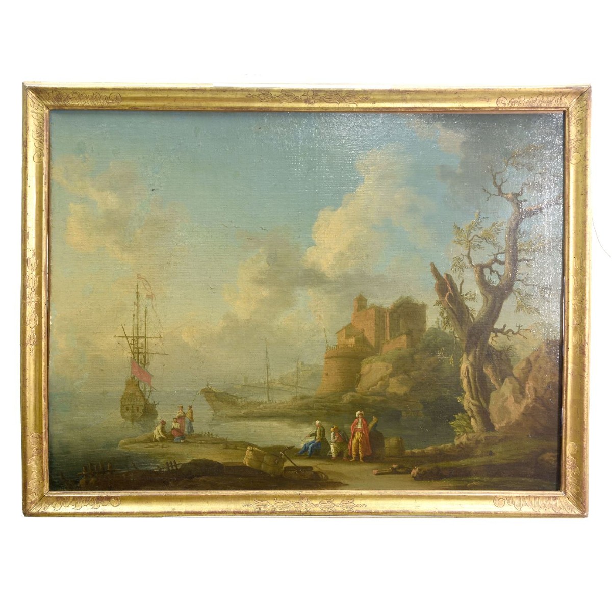 Huile sur toile XVIIIème Vue de port avec personnages turcs