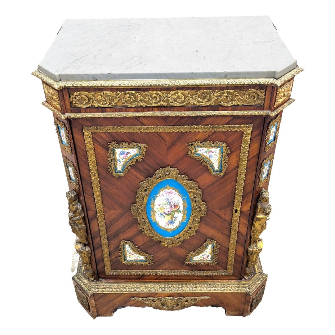 Napoleon III Sideboard With Sèvres Porcelain Plate Marquetry & Gilt Bronze Register 19th Century-photo-2