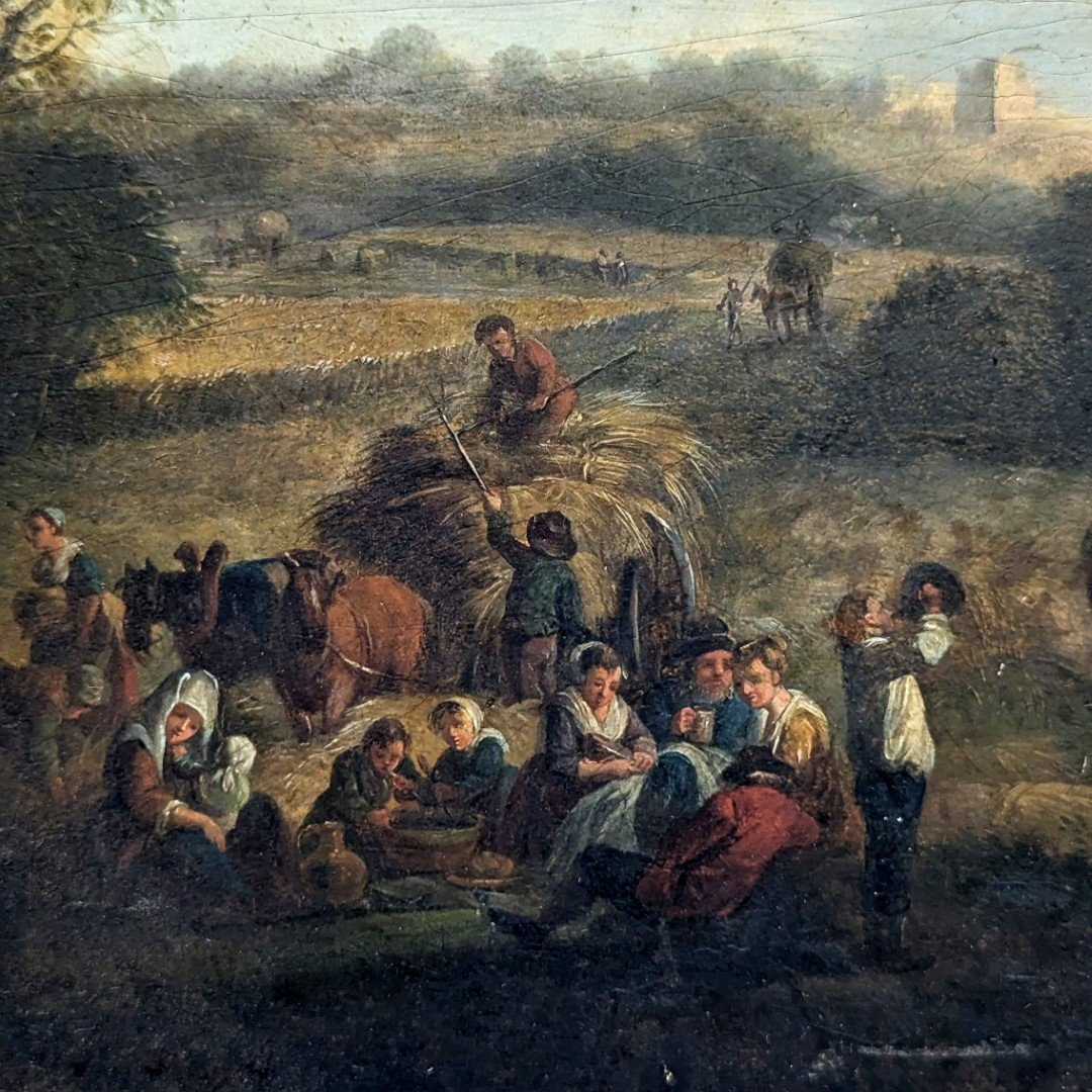 Les Moissonneurs Oil On Panel 18th Century Attributed To Théobald Michau-photo-3