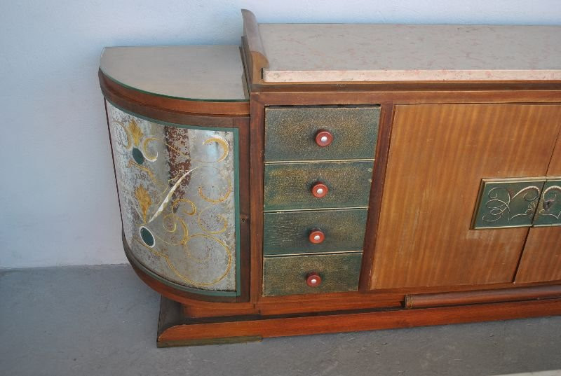 Bahut années 1940 palissandre top travertin verre églomisé-photo-2
