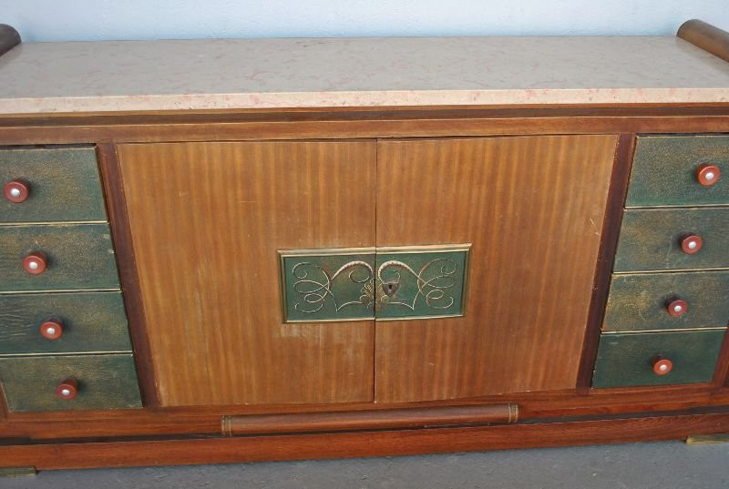 Bahut années 1940 palissandre top travertin verre églomisé-photo-3
