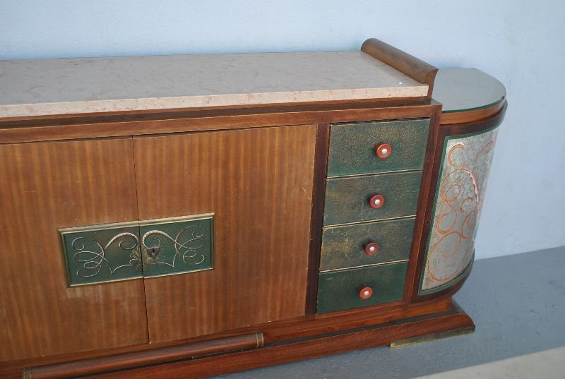Bahut années 1940 palissandre top travertin verre églomisé-photo-4