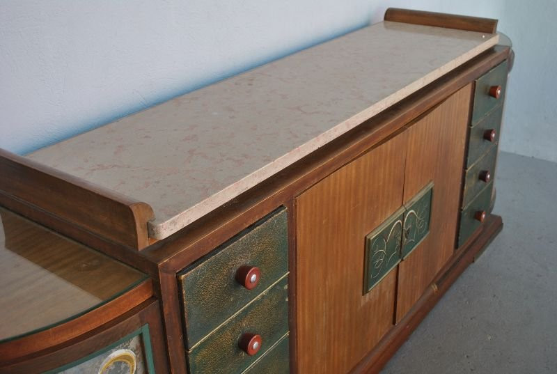 Bahut années 1940 palissandre top travertin verre églomisé-photo-5