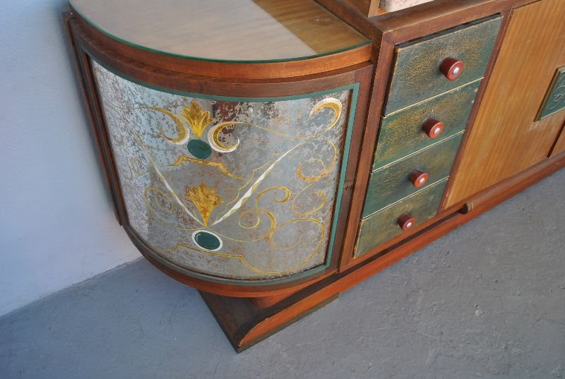 Bahut années 1940 palissandre top travertin verre églomisé-photo-6