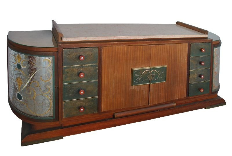 Bahut années 1940 palissandre top travertin verre églomisé