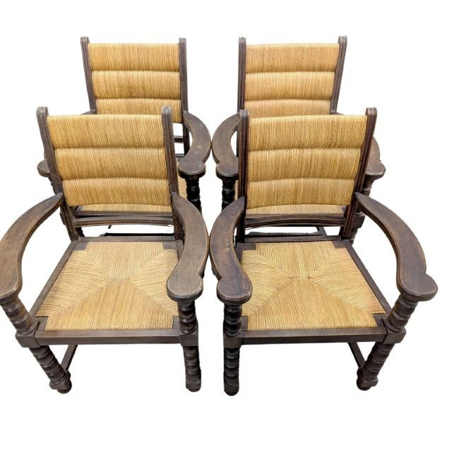 Série de 4 fauteuil en bois tourné et paillage par Charles Dudouyt-photo-3