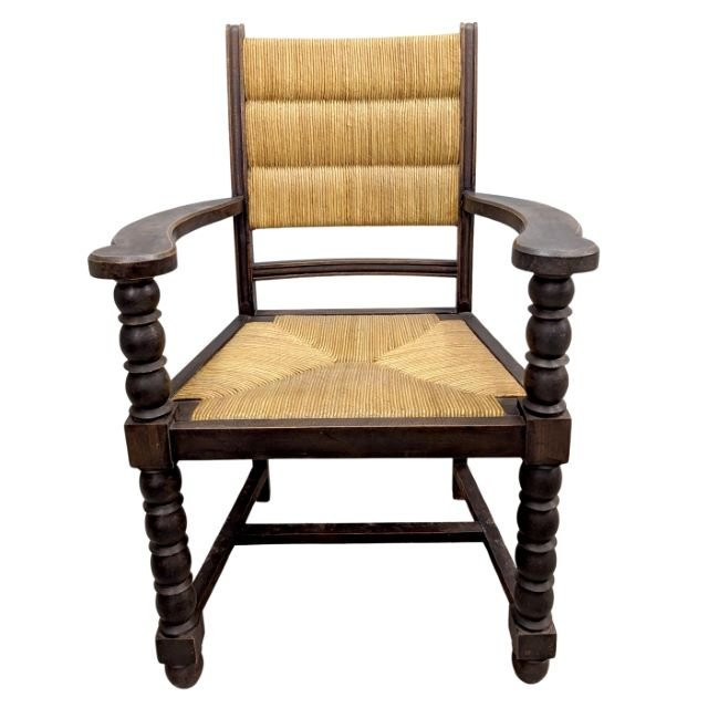 Série de 4 fauteuil en bois tourné et paillage par Charles Dudouyt-photo-3