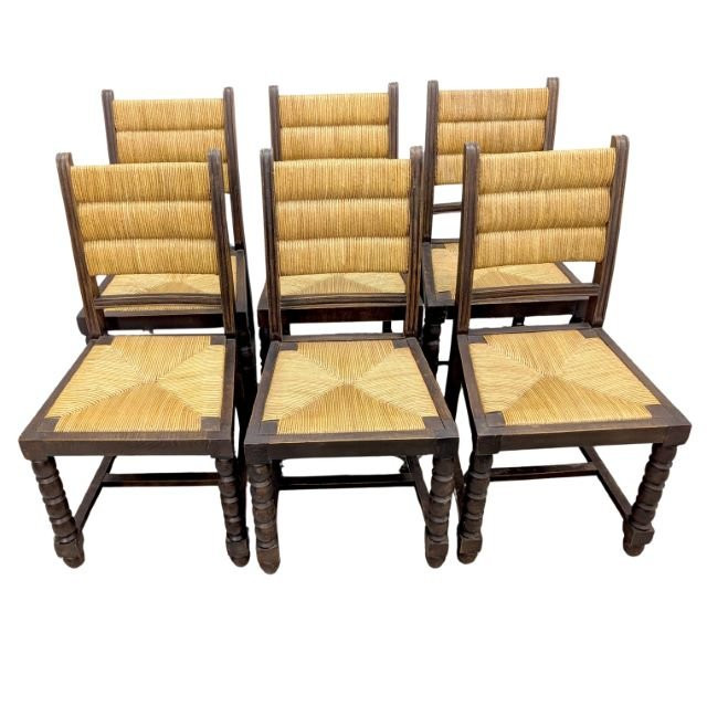 Série de 6 chaise en bois tourné et paillage par Charles Dudouyt-photo-3