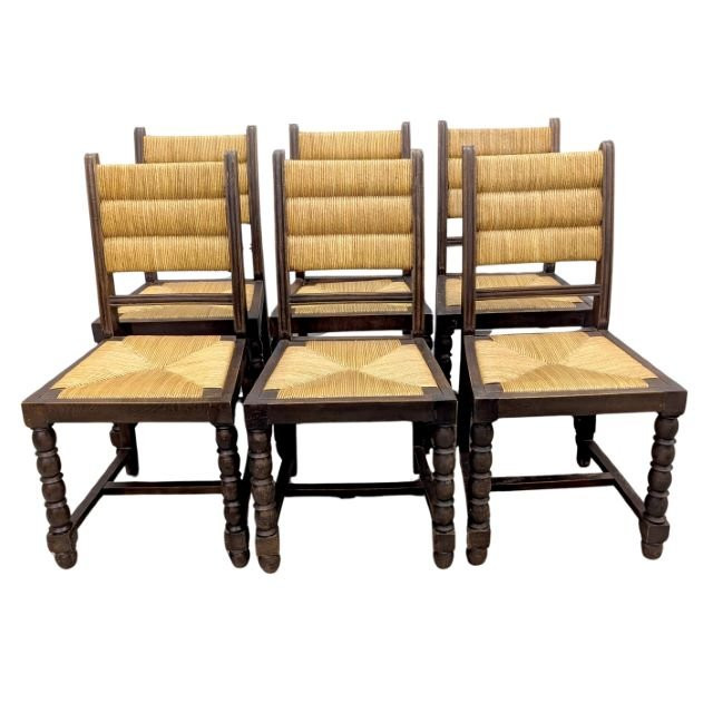 Série de 6 chaise en bois tourné et paillage par Charles Dudouyt-photo-1