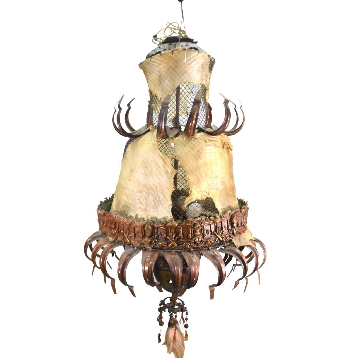 Lustre sculpture tribal maker Michel Haillard peau et grillages-photo-2