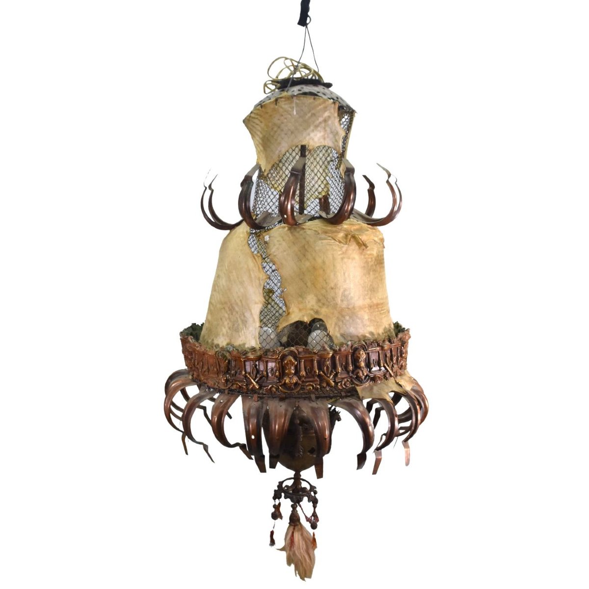 Lustre sculpture tribal maker Michel Haillard peau et grillages-photo-3