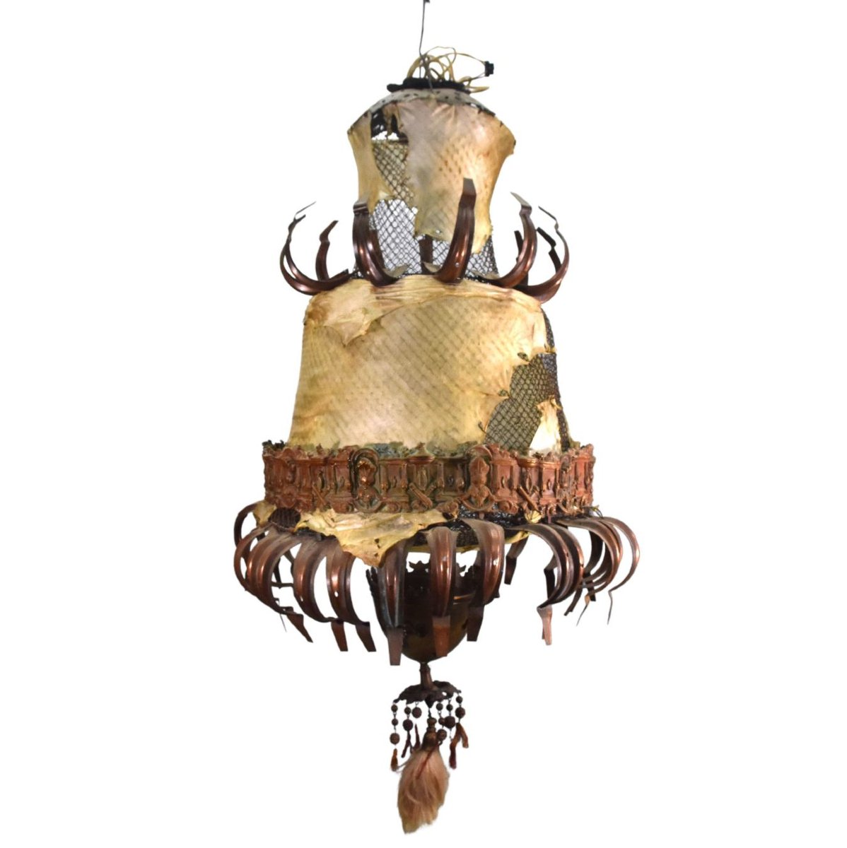 Lustre sculpture tribal maker Michel Haillard peau et grillages-photo-1